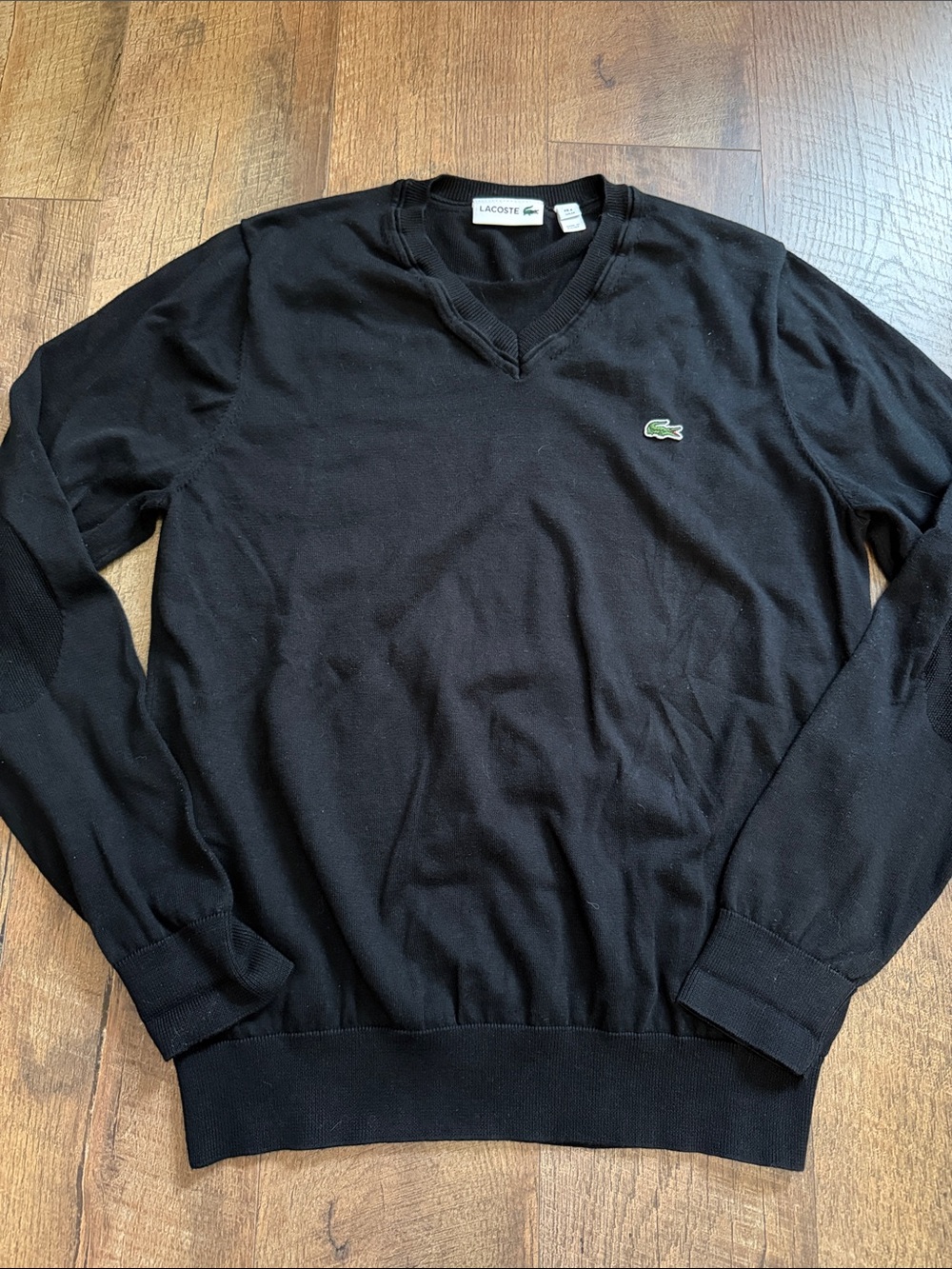 Lacoste Men's Black V-Neck Pullover with Green Crocodile Logo
